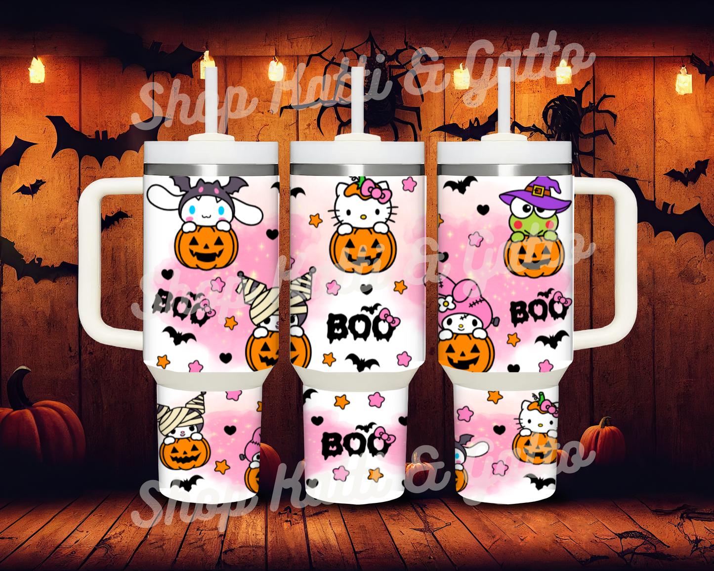 Handmade Custom Kawaii Hello Kitty and Pumpkin Halloween Cute Friends 40 Ounce Stanley Dupe Tumbler ~ Personalize