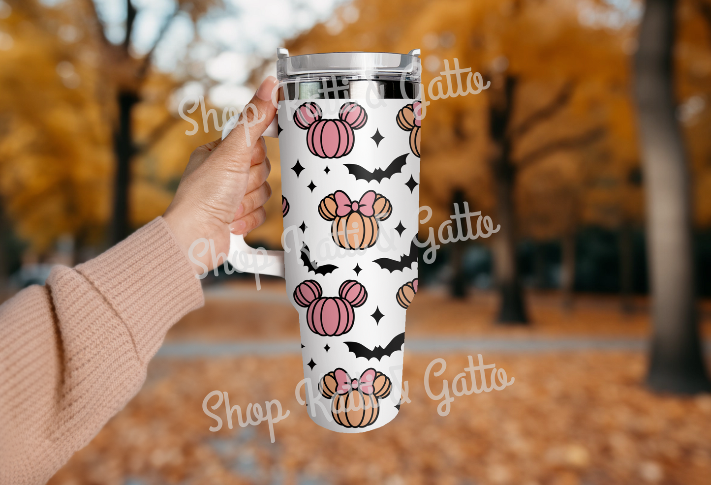 Handmade Custom Mickey Pink Pumpkins Halloween Fall Stanley Dupe 40 Ounce Tumbler