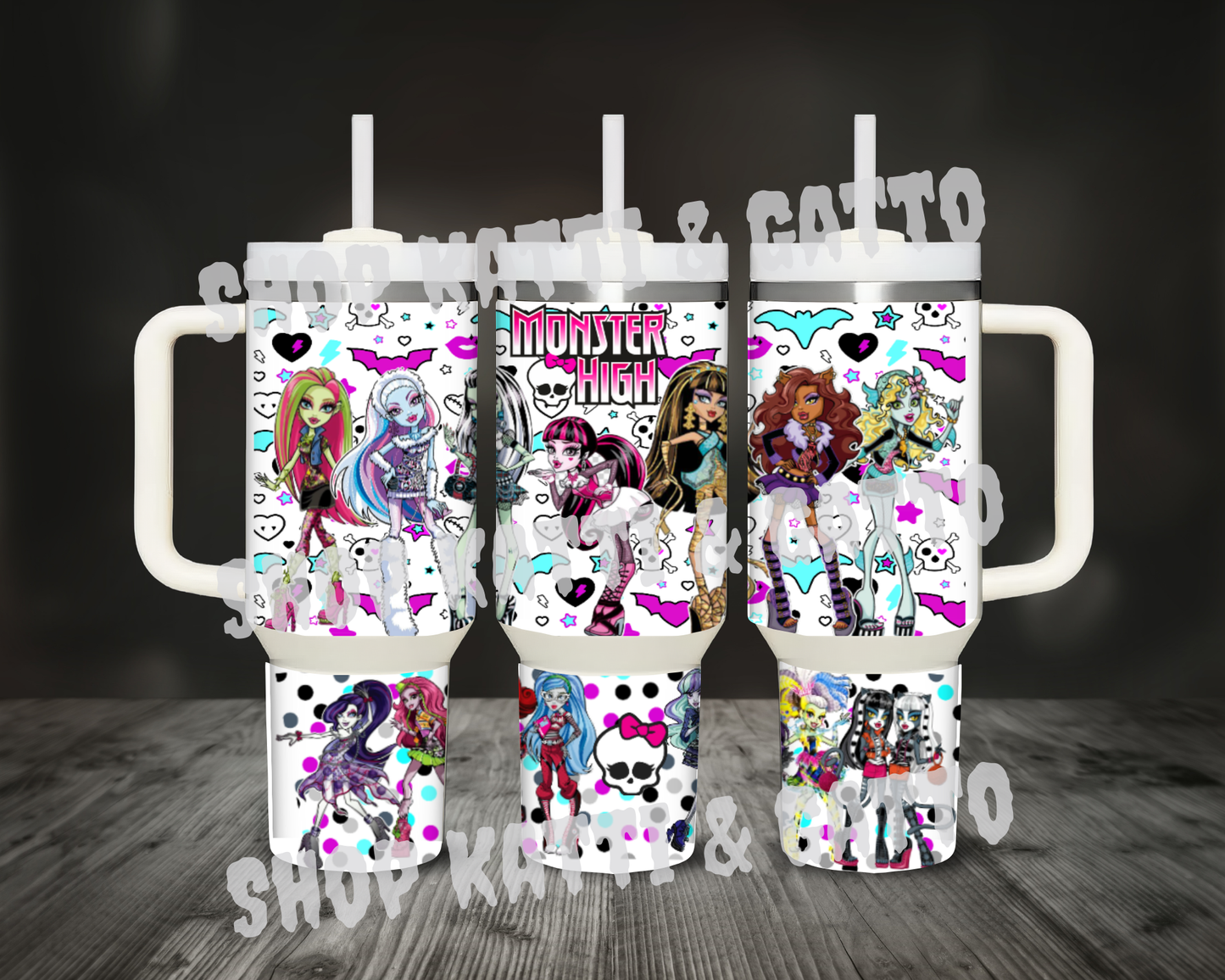 Handmade Custom ~ Monster High Dolls ~ Halloween ~ 40 Ounce Stanley Dupe Tumbler with Lid and Straw (Copy)
