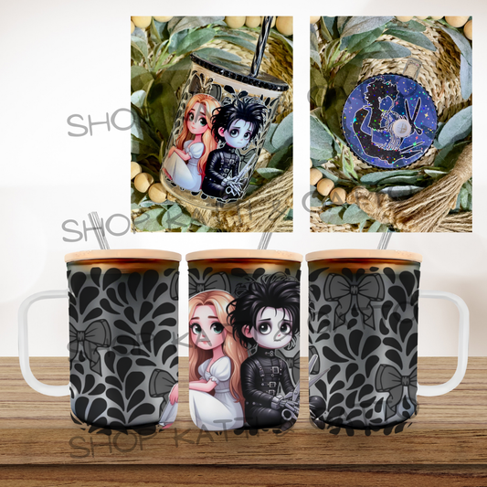 Handmade Custom Edward Scissorhands 16 Ounce Glass Mug ~ Lid and Straw Options
