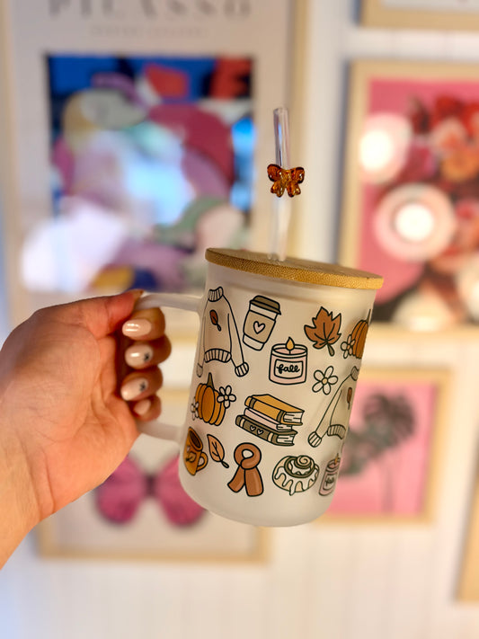 Fall Vibes Pumpkin Spice 16 oz Glass Mug with Handle and Lid