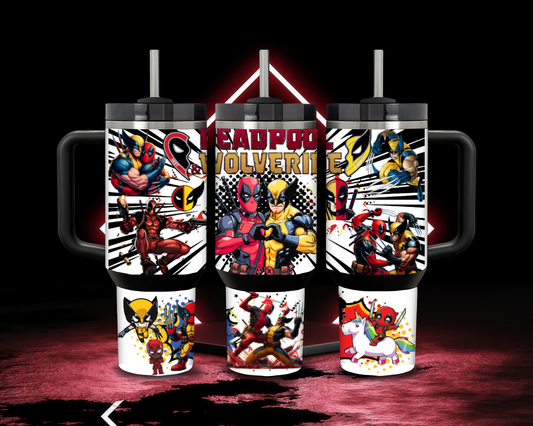 Handmade Custom Deadpool and Wolverine Marvel 40 Ounce Stanley Dupe Tumbler with Lid and Straw